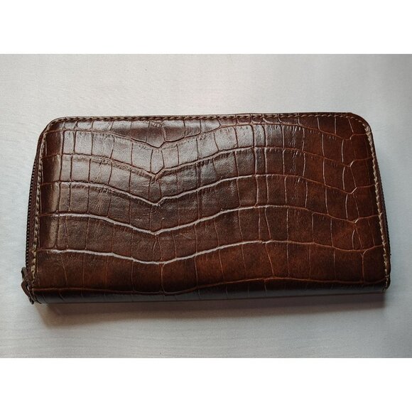 Handbags - Brown Faux Croc Zip Wallet Vinyl Organizer Credit Card Holder Money Compartment